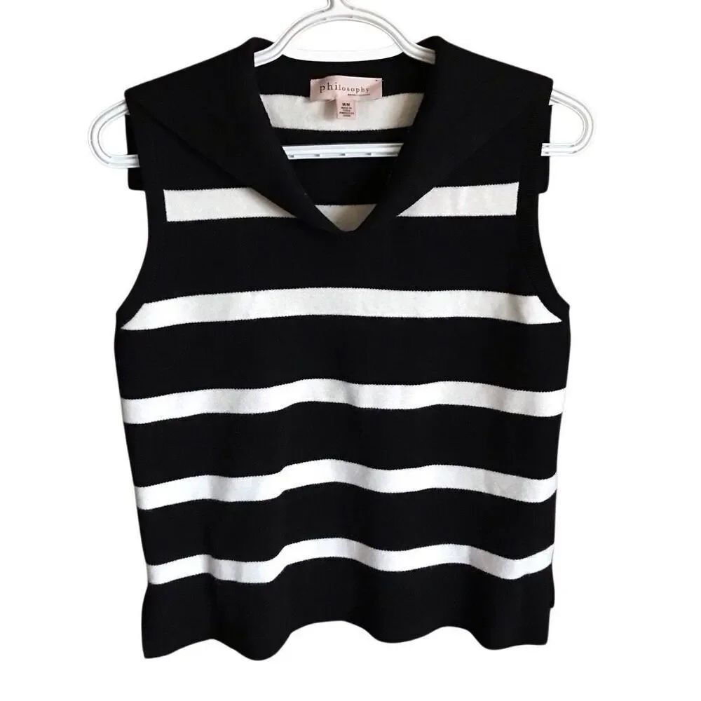 Philosophy sleeveless sweater black white striped Size Medium boat collar